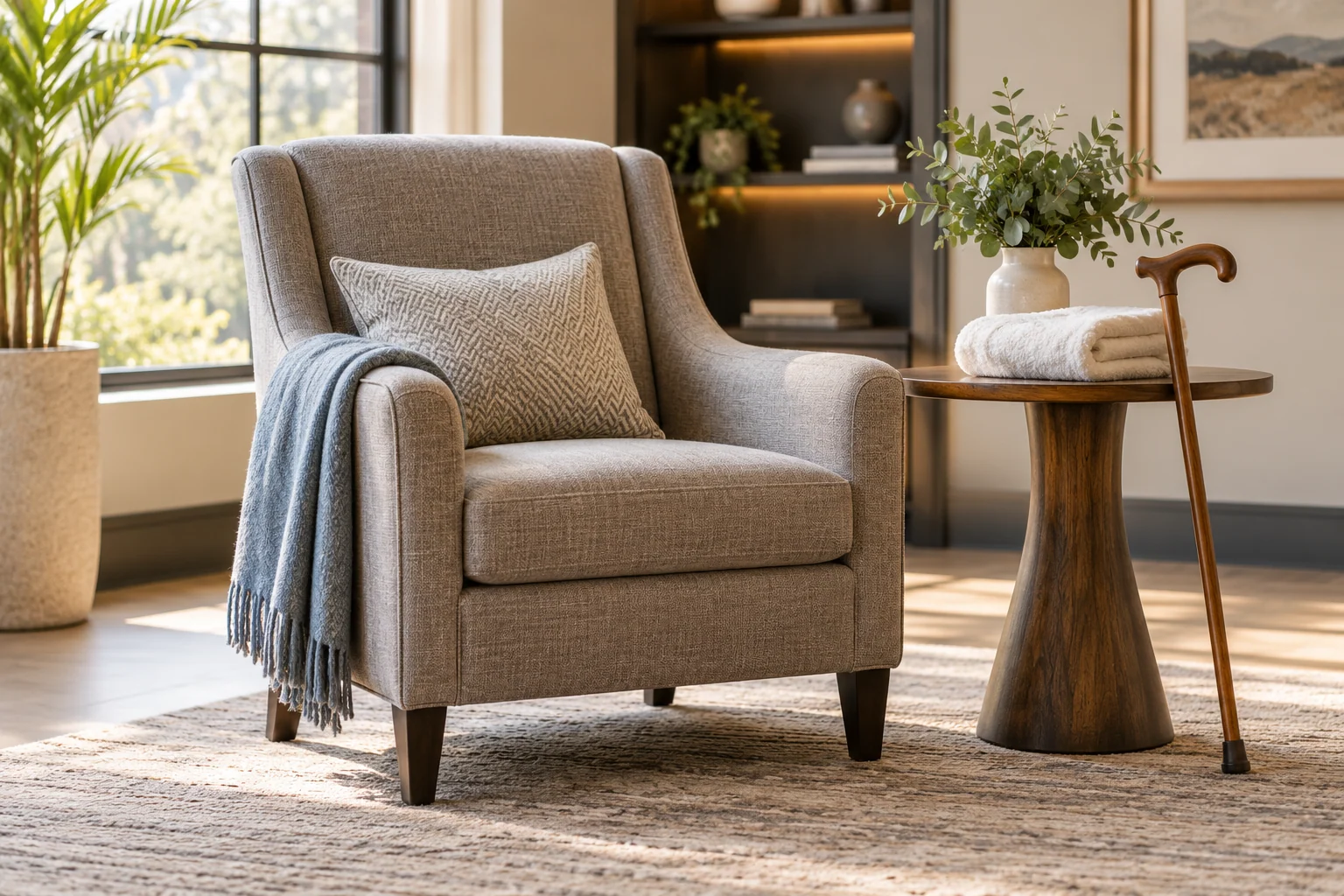 AI-created editorial illustration: A supportive upholstered chair beside a clean folded towel and a plain walking cane in a welcoming consultation space, gentle daylight, dignified neutral styling.