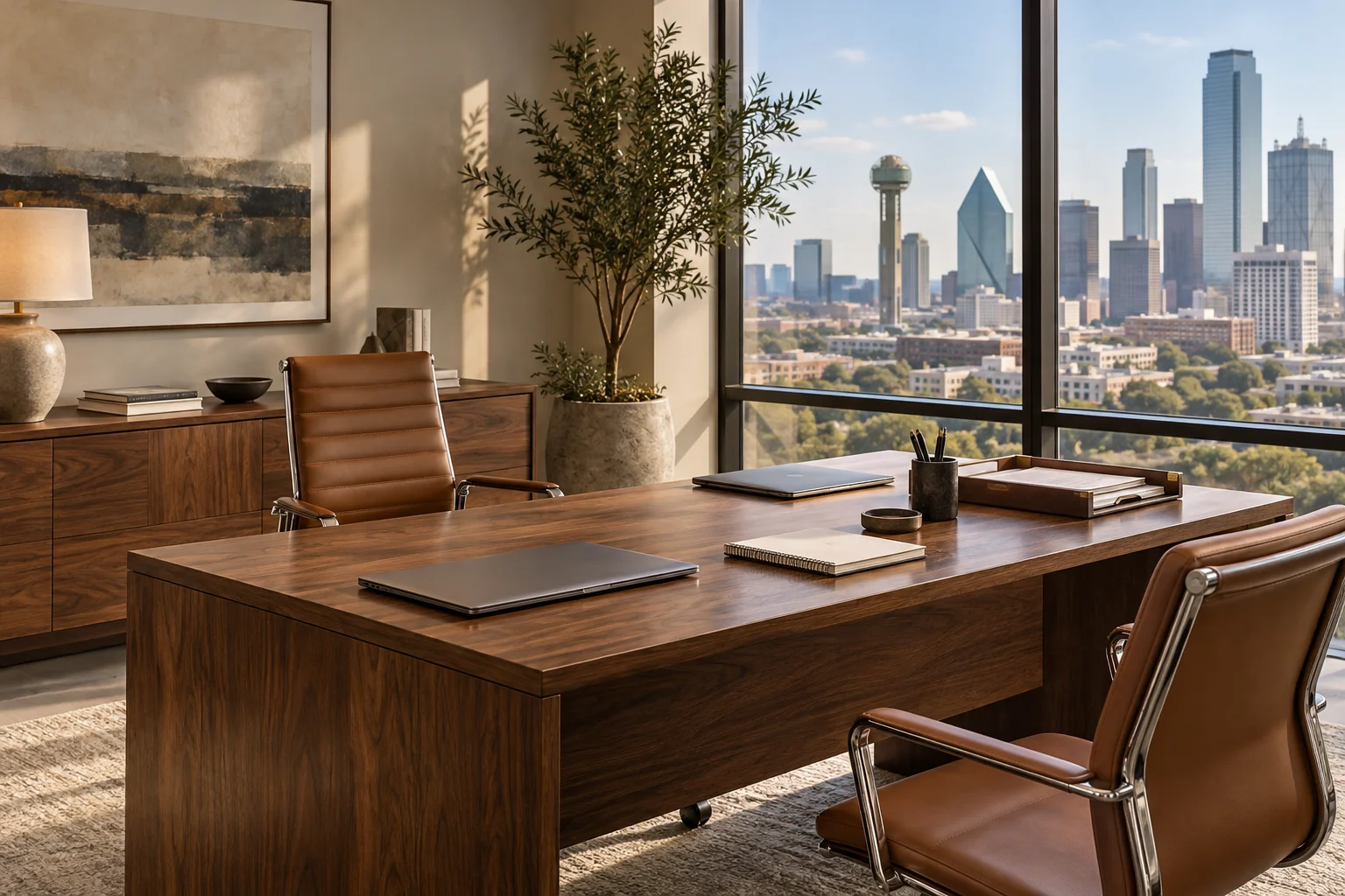 AI-created illustration of a professional office with warm wood, notebooks and a Dallas-inspired skyline.