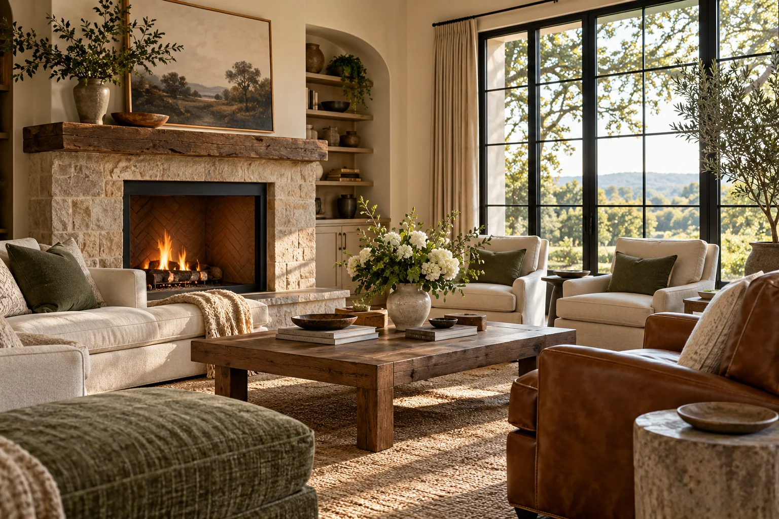 AI-created editorial illustration: A spacious calm sitting room with several comfortable seats grouped for conversation, soft textiles, a low table and fresh flowers, warm natural light, no people.